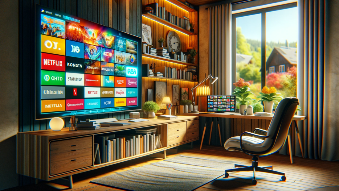 DALL·E 2024-01-03 03.40.41 - A cozy home office with a large monitor displaying a colorful IPTV interface, showcasing a wide range of channels and streaming services. The office i