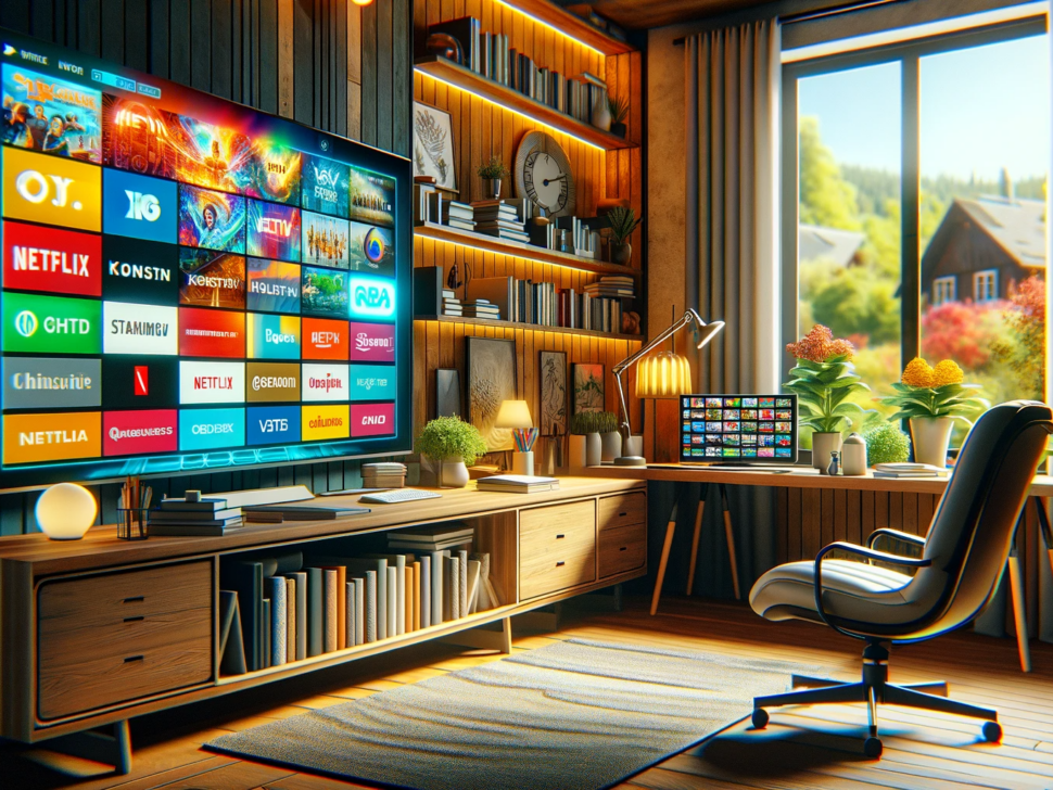 DALL·E 2024-01-03 03.40.41 - A cozy home office with a large monitor displaying a colorful IPTV interface, showcasing a wide range of channels and streaming services. The office i