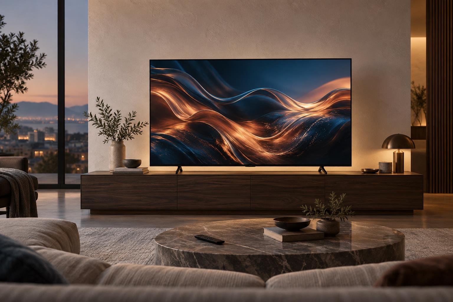 Moderner Fernseher mit abstraktem Lichtmotiv in einem ruhigen Wohnzimmer